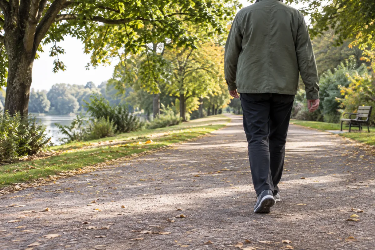 An adult takes an easy walk along a quiet green park path.