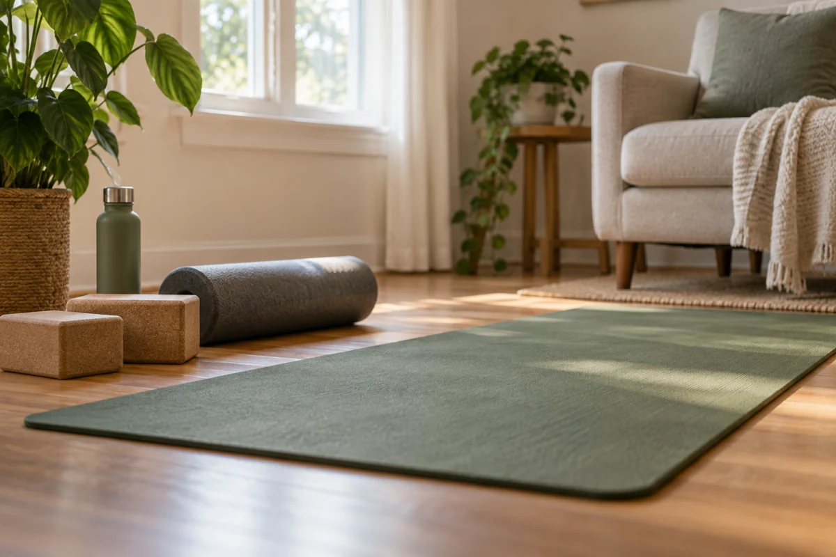 A yoga mat, foam roller and two blocks are ready for a gentle mobility session at home.