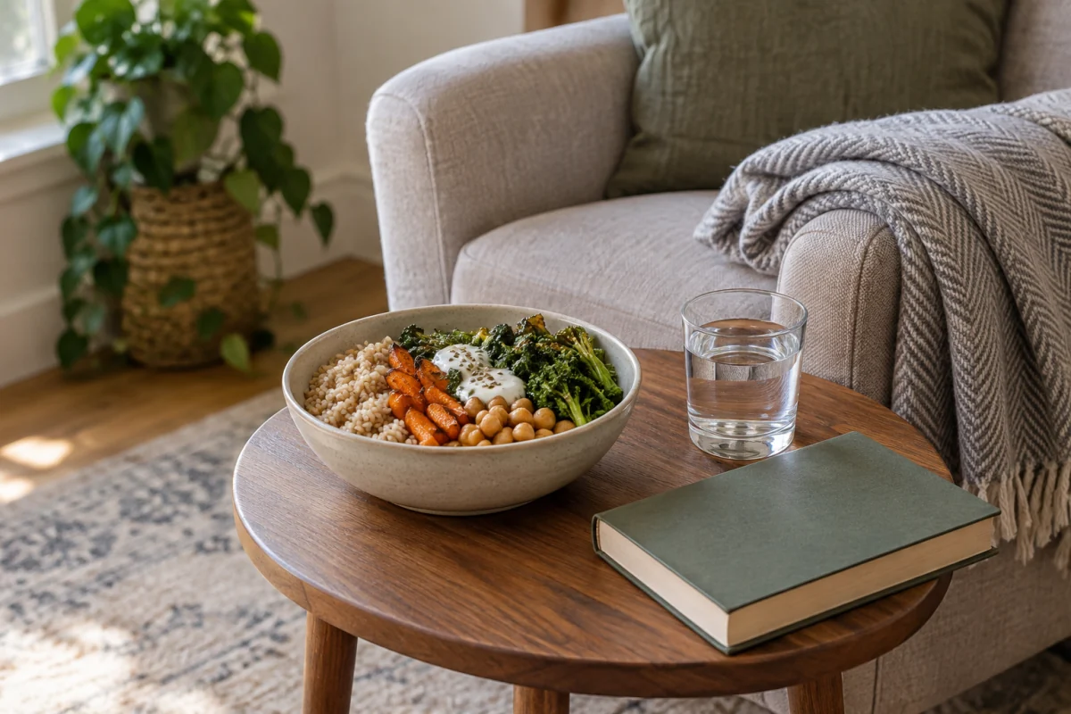 A balanced meal and a glass of water sit beside an armchair in a calm home setting.