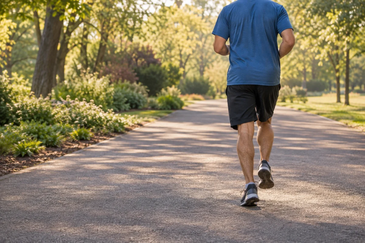 An adult jogs at an easy pace along a flat park path, viewed from behind.