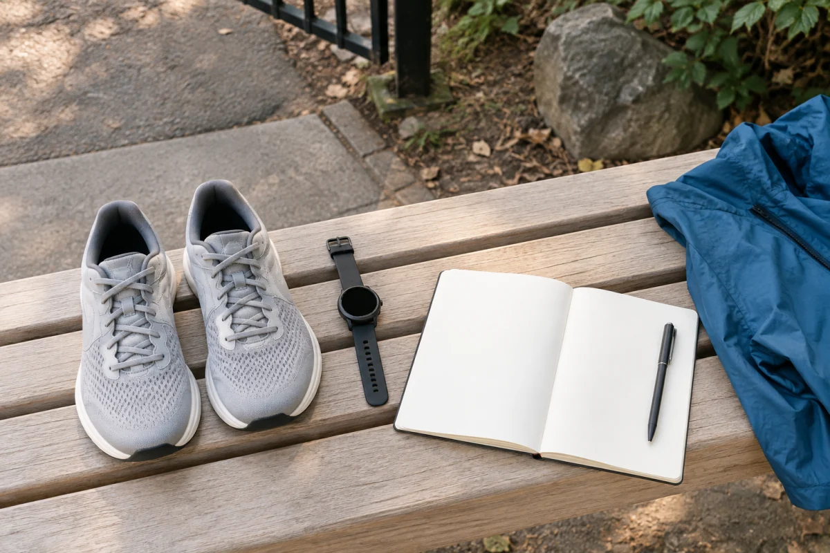 Unbranded trainers, a dark-screen watch and a blank notebook are ready for planning run-and-walk sessions.