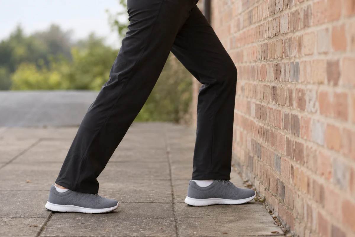 An adult holds a gentle calf stretch with the back heel down beside a plain outdoor wall.