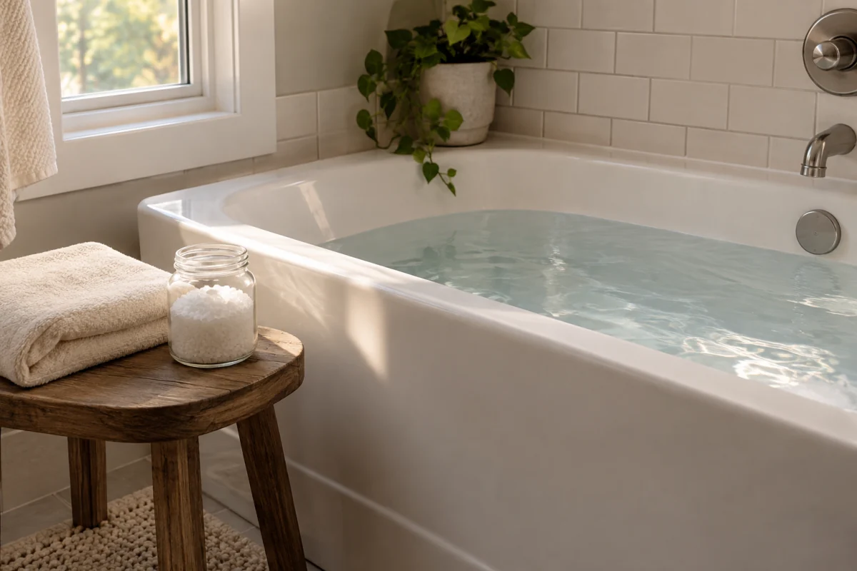 A warm bath, folded towel and plain jar of salt crystals create a quiet bathroom scene.