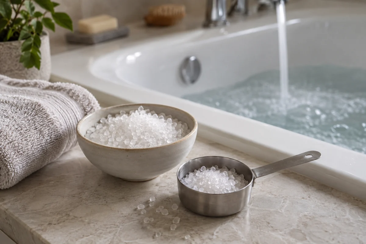 A plain measuring cup and a small bowl of bath-salt crystals rest on a dry bathroom counter.