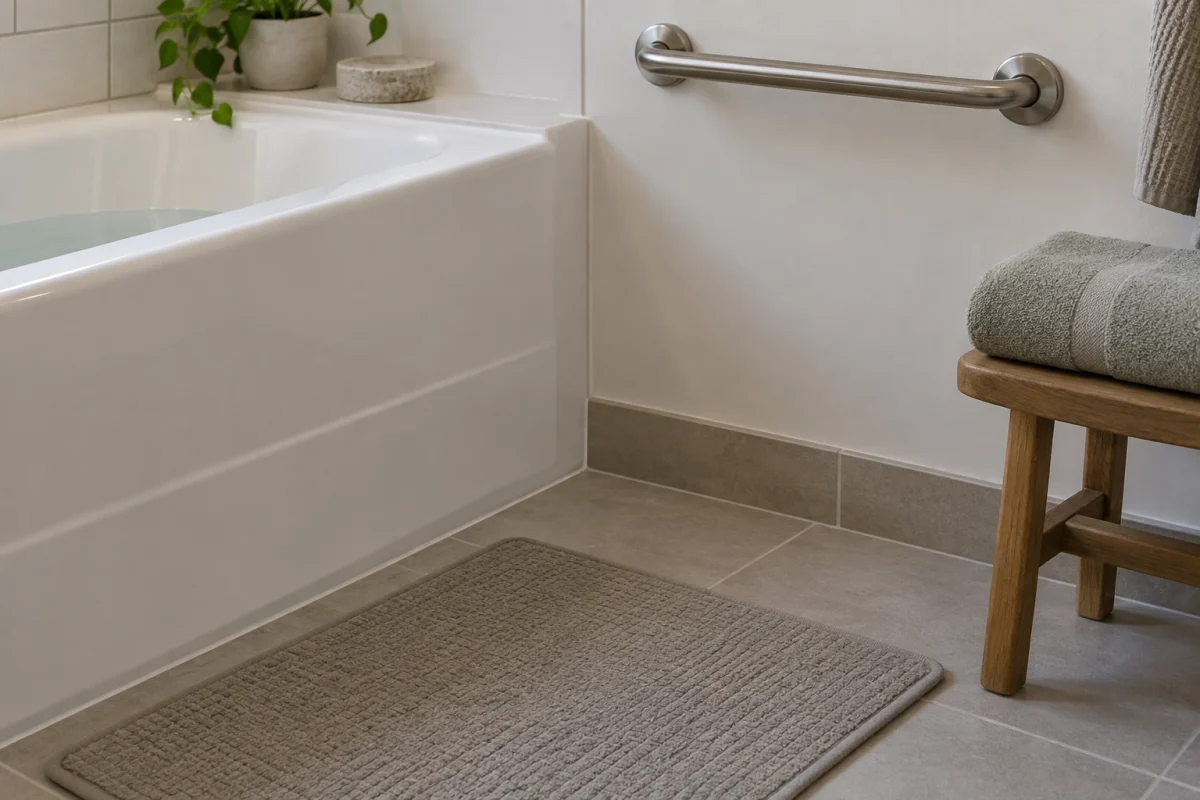 A dry bath mat, wall-mounted rail and folded towel sit beside a bathtub.