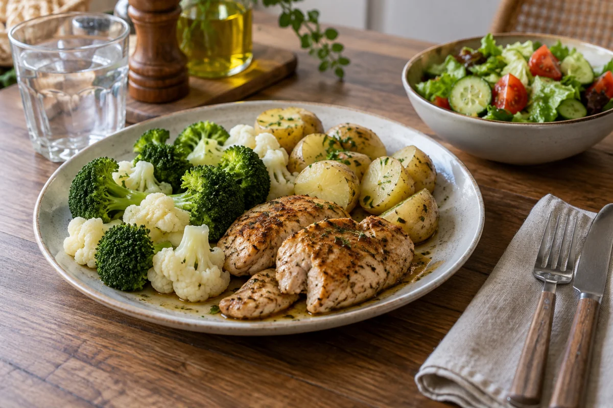 A balanced plate combines chicken, boiled potatoes, broccoli, cauliflower and a colorful salad.