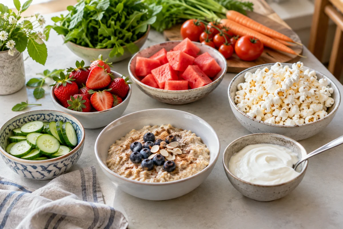 Fruit, vegetables, oats, yogurt and popcorn show a varied selection of everyday foods.