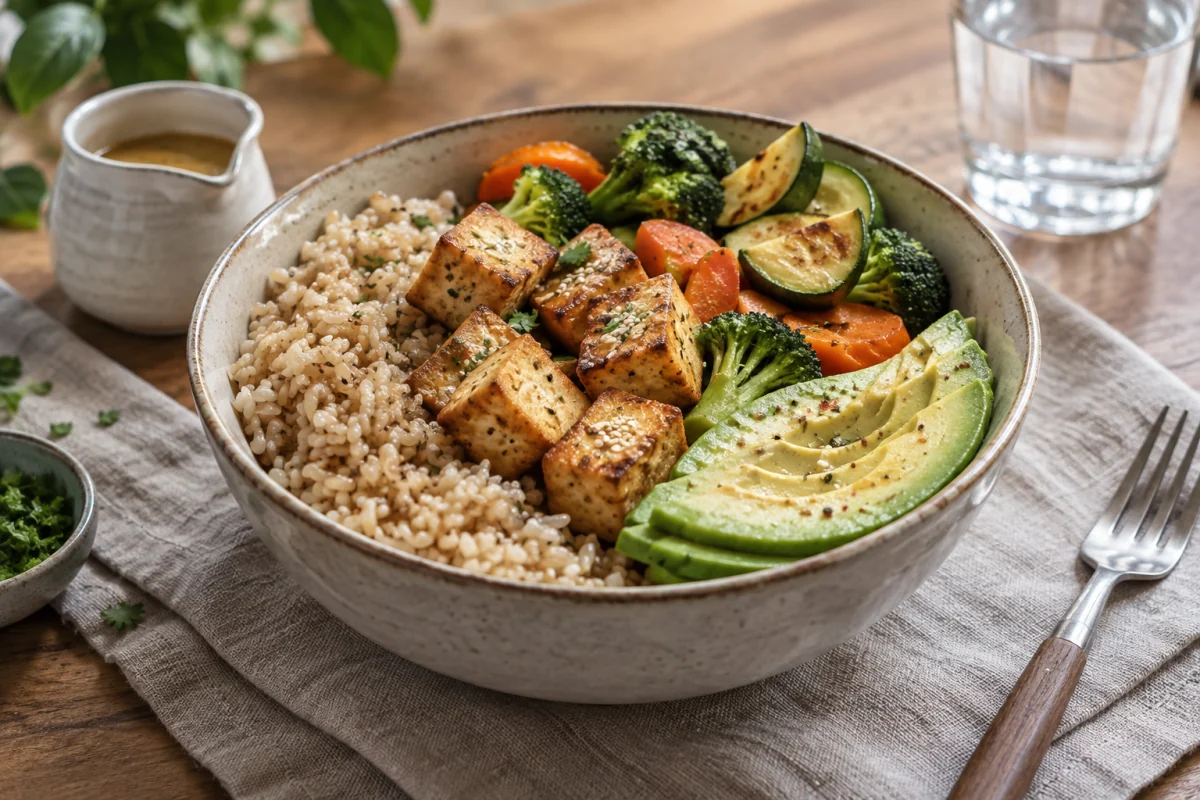A rice bowl with tofu, cooked vegetables and avocado includes protein, starch and fats.