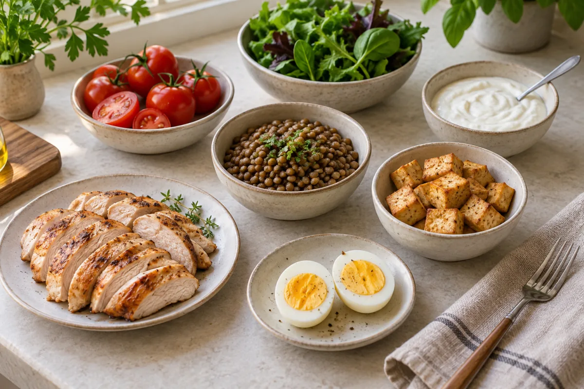 Cooked chicken, lentils, eggs, tofu and yogurt arranged with vegetables on a kitchen counter.