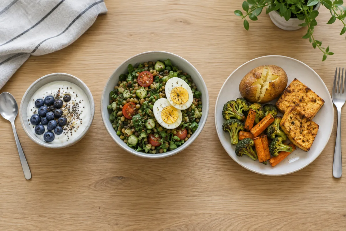 Yogurt with berries, an egg and lentil salad, and tofu with roasted vegetables in separate dishes.