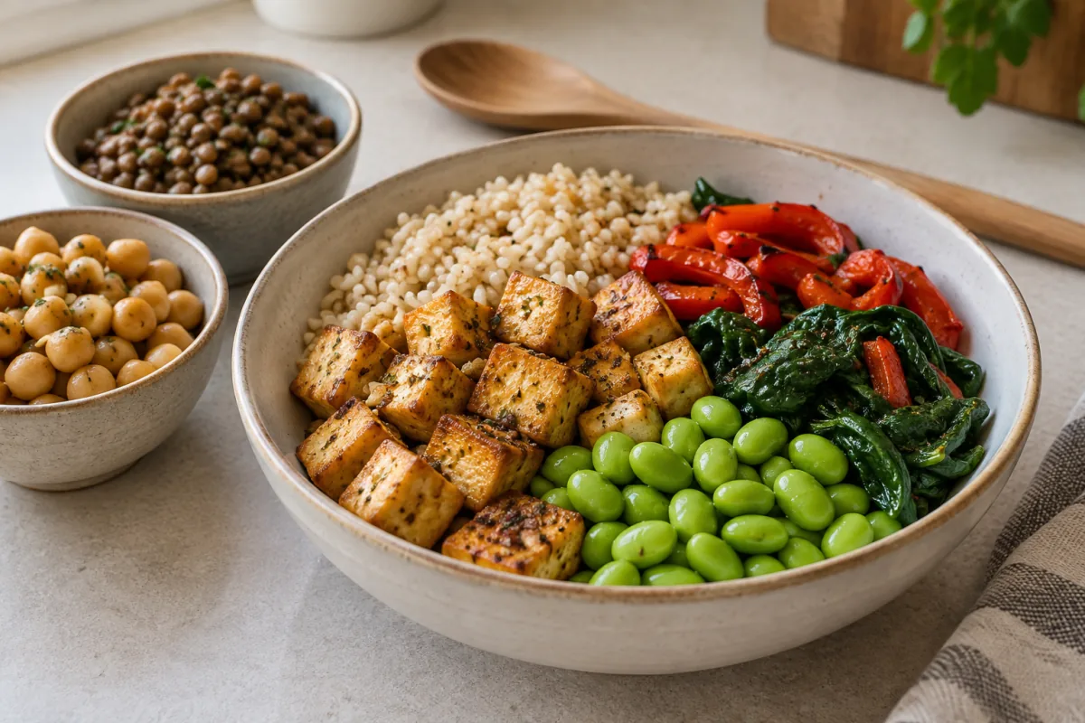 Baked tofu, lentils, chickpeas and edamame served with brown rice and vegetables.