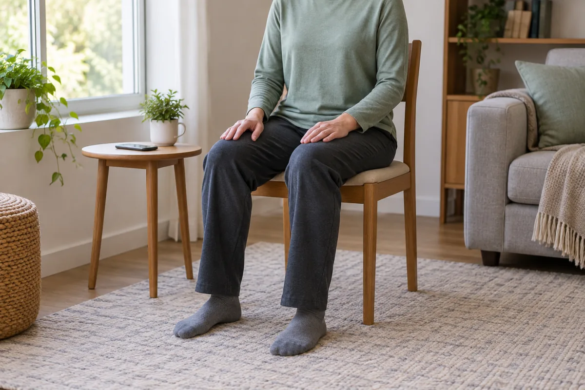 An adult sits upright on a chair with hands resting on thighs and feet flat on the floor.