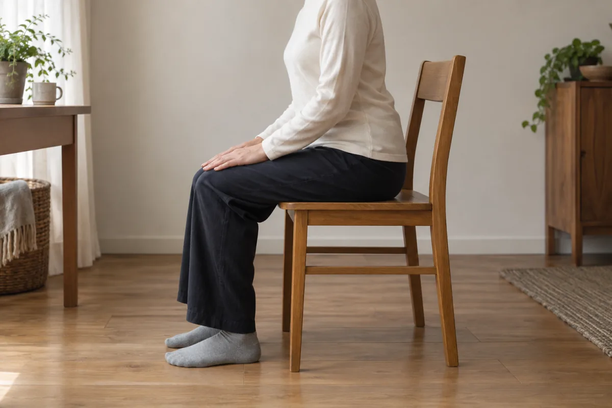 Side view of relaxed seated posture, with feet supported and hands resting naturally on the thighs.
