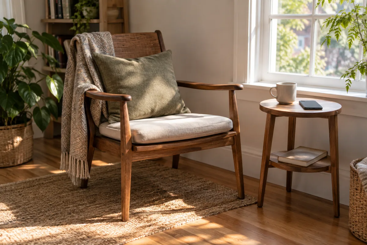 A simple chair and face-down phone beside a morning drink create a quiet place for a daily pause.