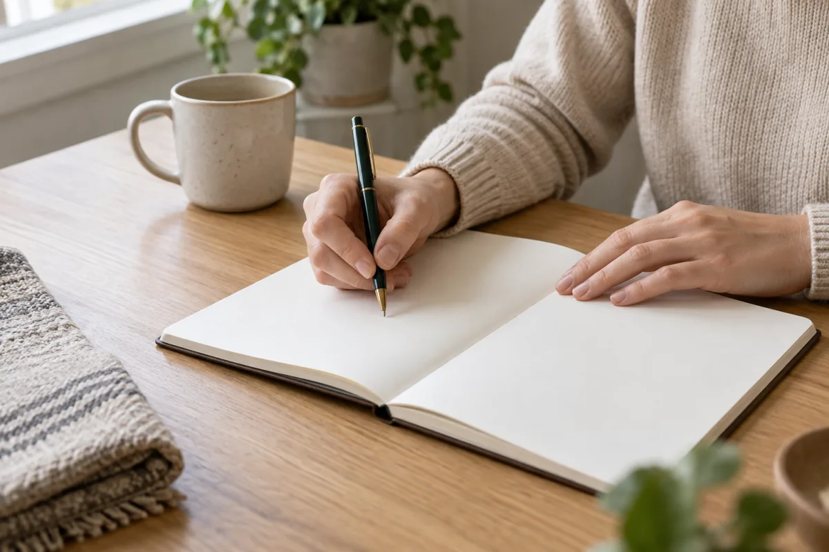 Hands hold a pen over a blank journal at a softly lit desk, ready for a short writing session.