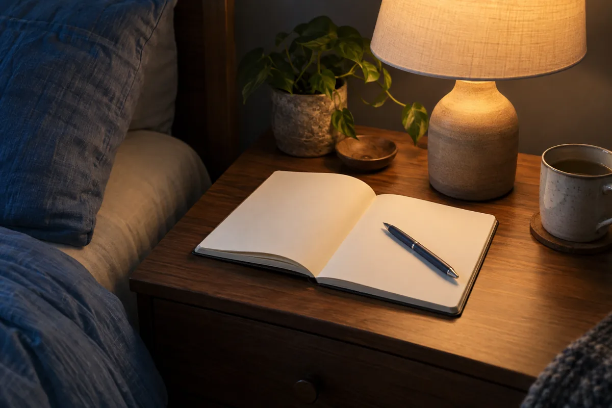 An open blank notebook and pen sit beside a shaded bedside lamp in a quiet evening setting.