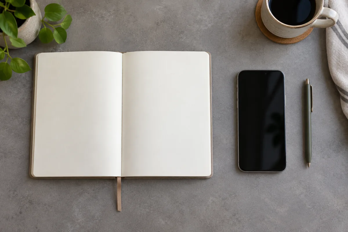 A paper journal and a dark-screen smartphone lie side by side with a plain pen.