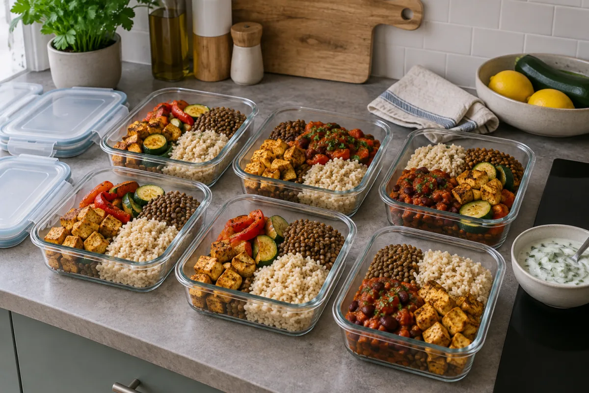 Cooked tofu, rice, lentils and roasted vegetables portioned in shallow meal-prep containers.