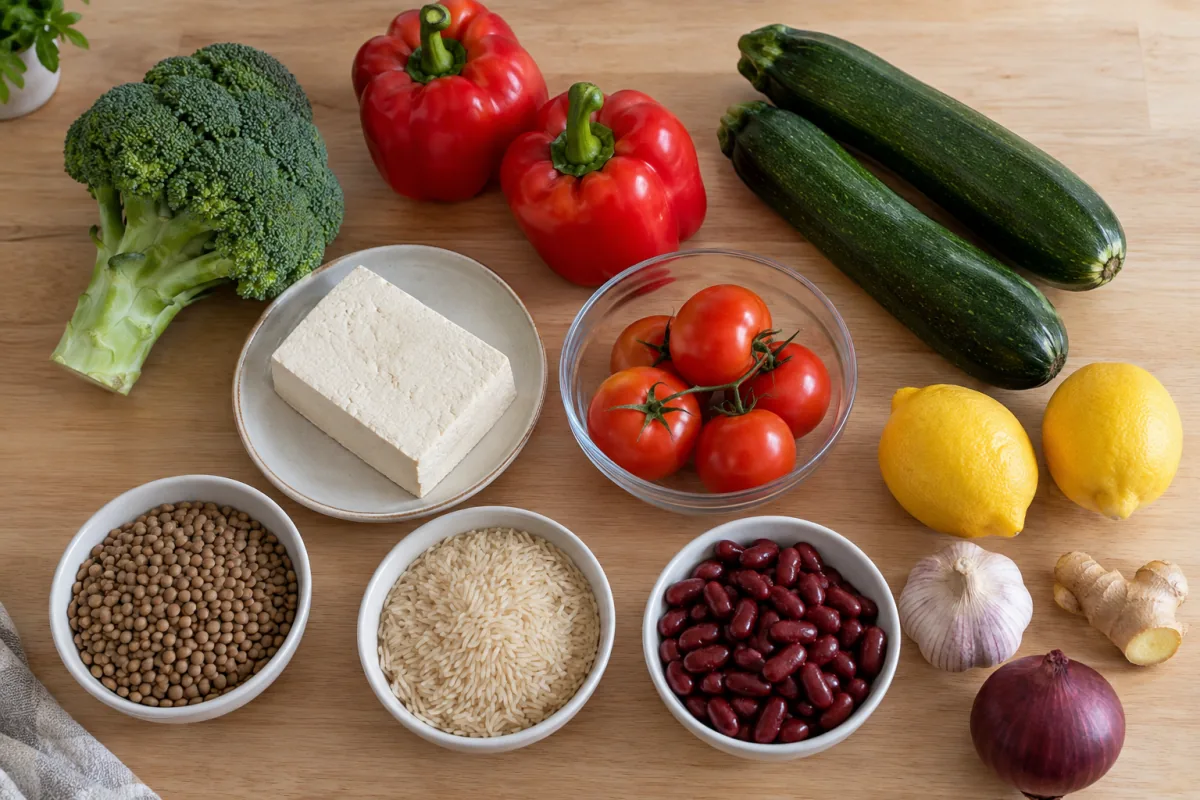 Tofu, vegetables, lentils, rice and beans arranged as ingredients for a beginner meal-prep session.