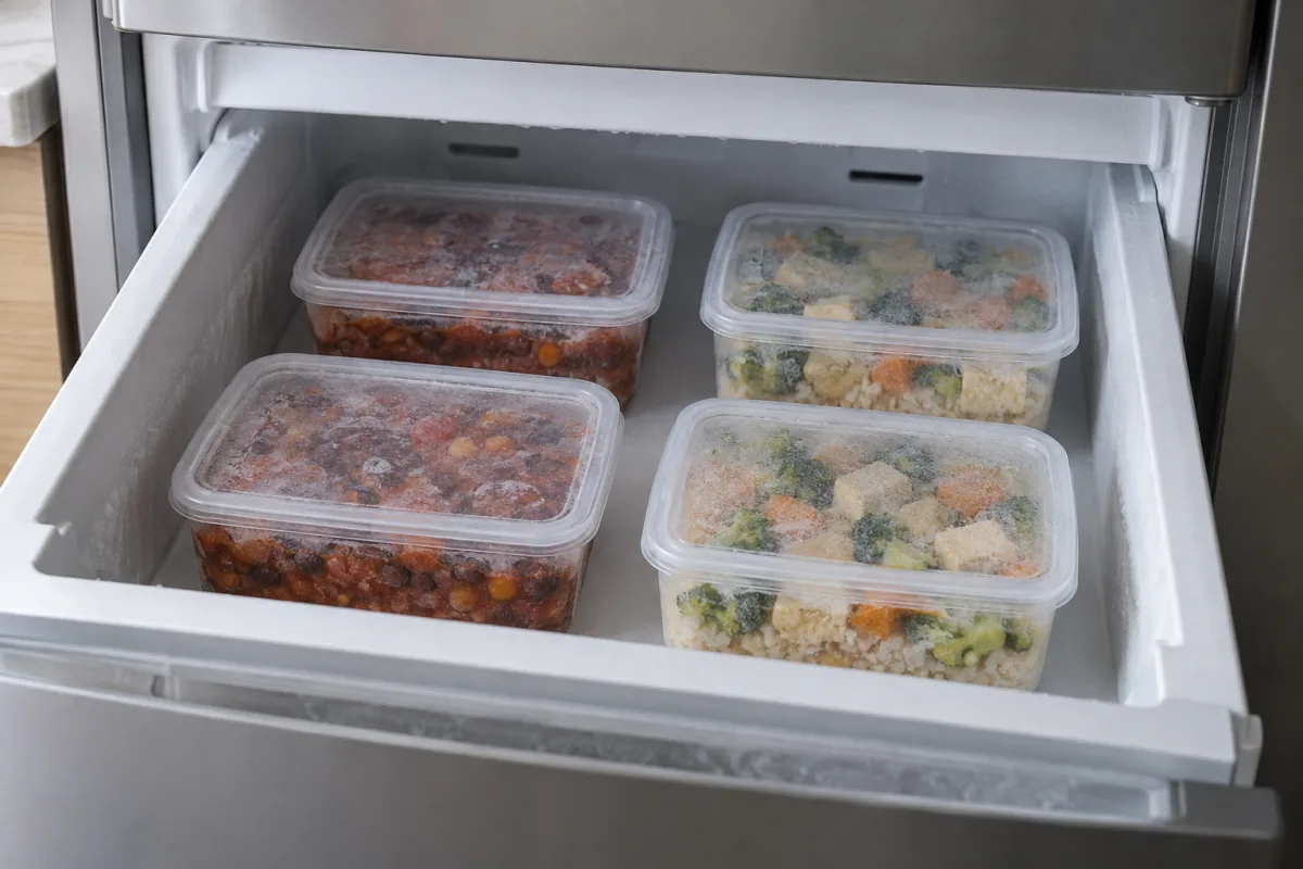 Sealed shallow meal portions stored neatly inside a home freezer drawer.