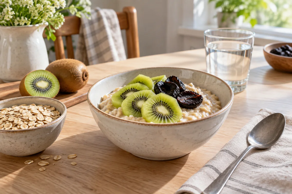 Oat porridge with kiwi and prunes beside a glass of water on a breakfast table