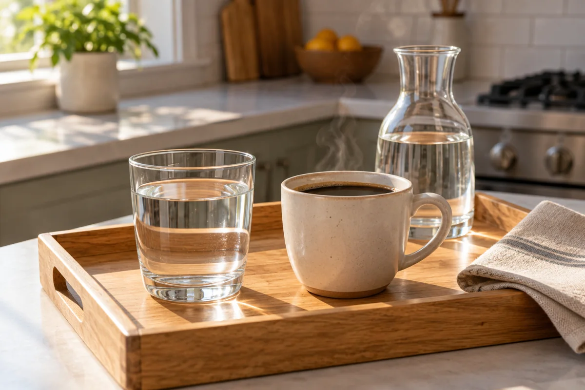 A glass of water and a plain cup of coffee in morning kitchen light