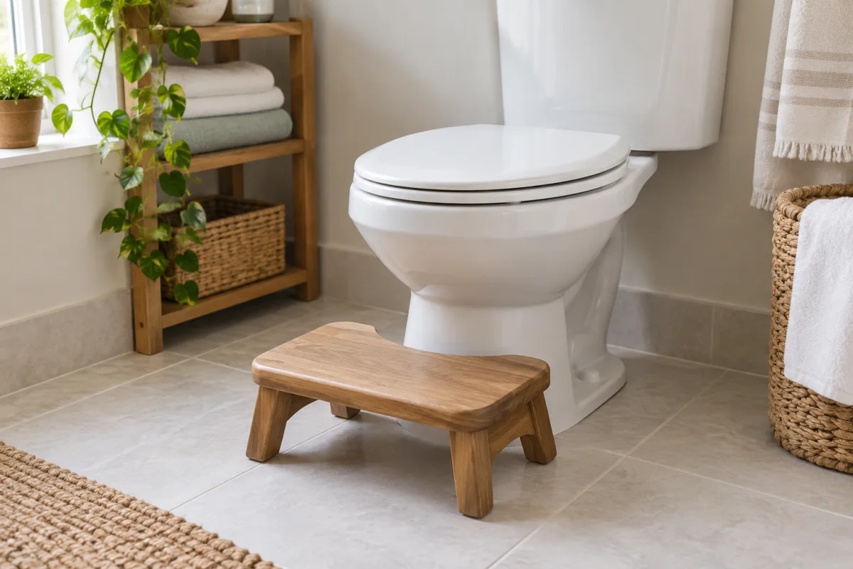 An empty bathroom with a low footstool positioned in front of a closed toilet