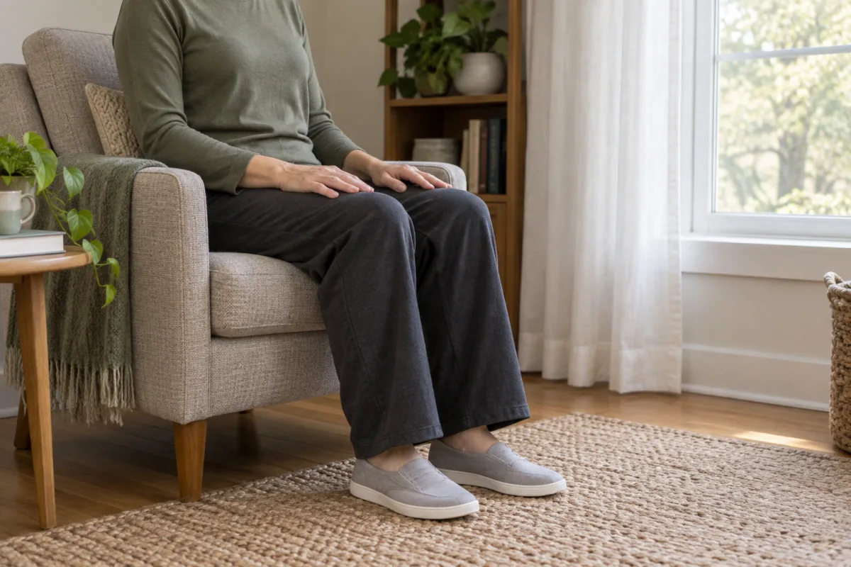 An adult sits comfortably by a window with relaxed hands and feet resting on the floor.