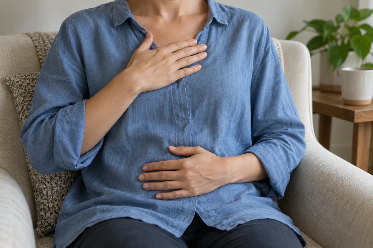One hand rests on the upper chest and another on the abdomen during gentle breathing practice.