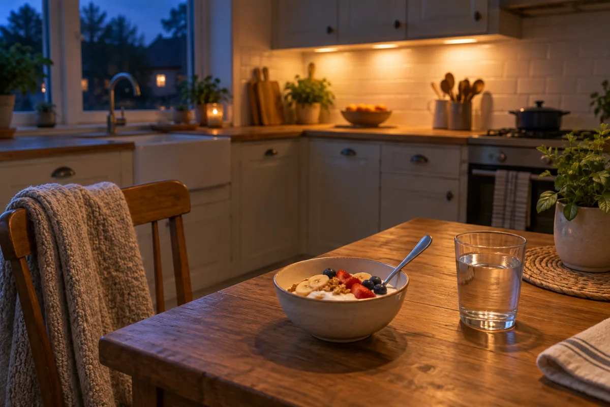 An evening kitchen table with yogurt, fruit and water beside a comfortable chair.