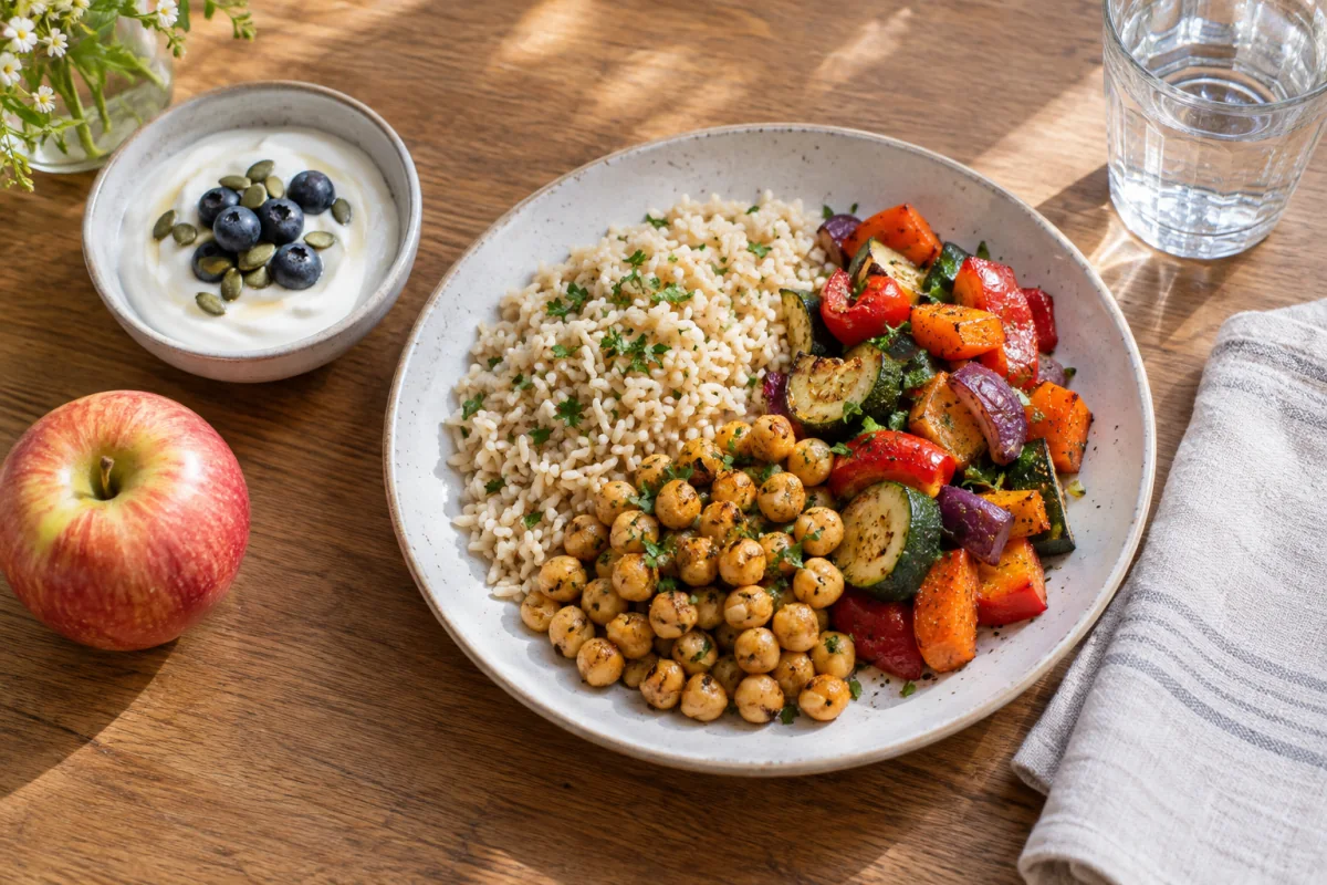 A balanced lunch of rice, chickpeas and vegetables, with fruit and yogurt nearby.