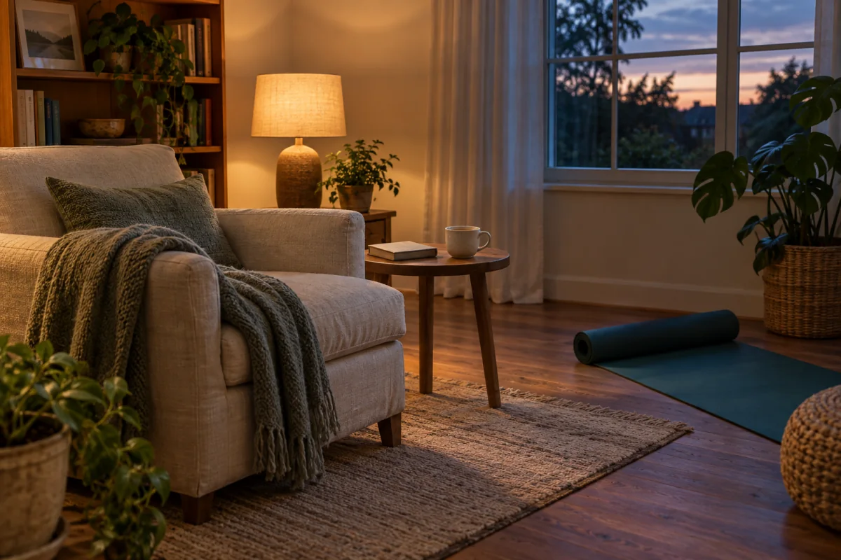 A quiet evening reading corner with a closed book, warm tea and an unrolled exercise mat.