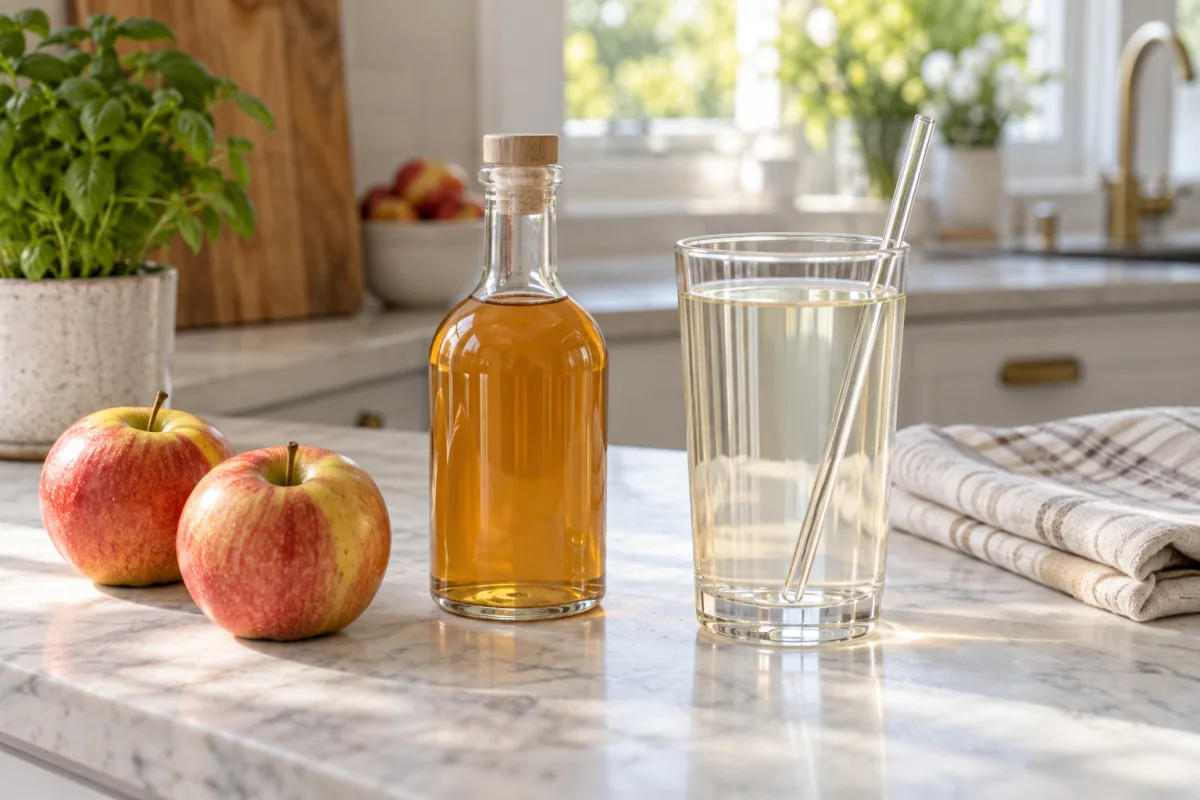 Apples and an unlabelled bottle of cider vinegar beside a large glass of water in a kitchen.