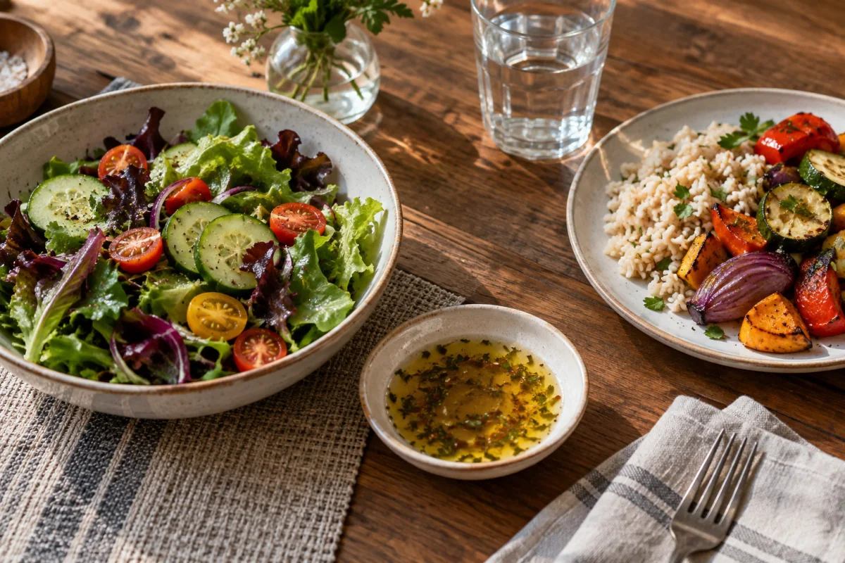 A mixed salad with a small vinaigrette bowl beside rice and roasted vegetables at dinner.