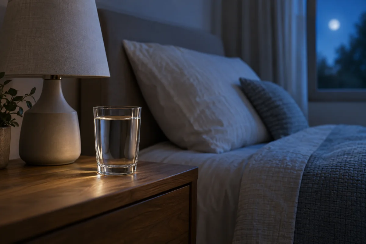 A glass of plain water on a bedside table beside an unlit lamp and neatly folded blanket.