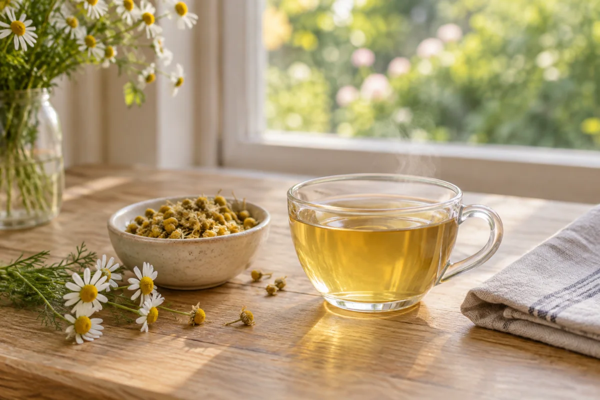 A glass cup of chamomile tea with a few dried flowers on a quiet sunlit table.
