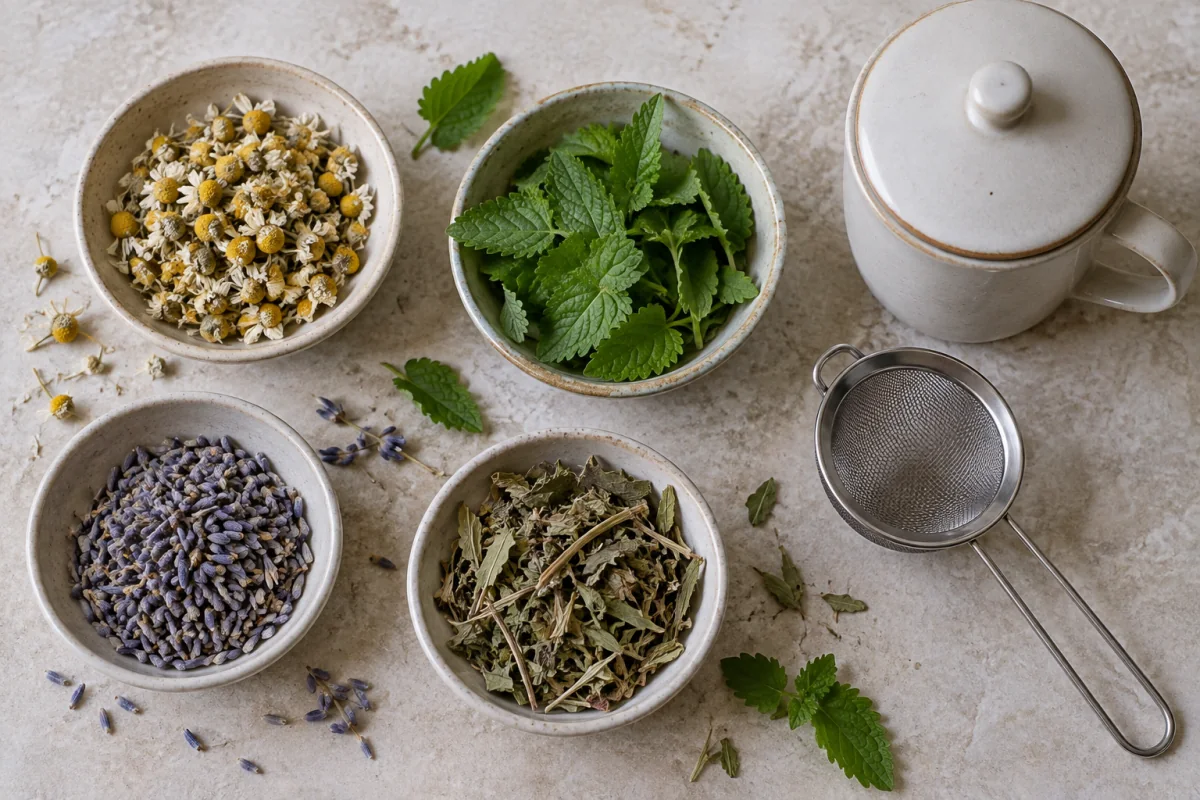 Separate bowls of chamomile, lemon balm, lavender and dried passionflower beside a tea infuser.