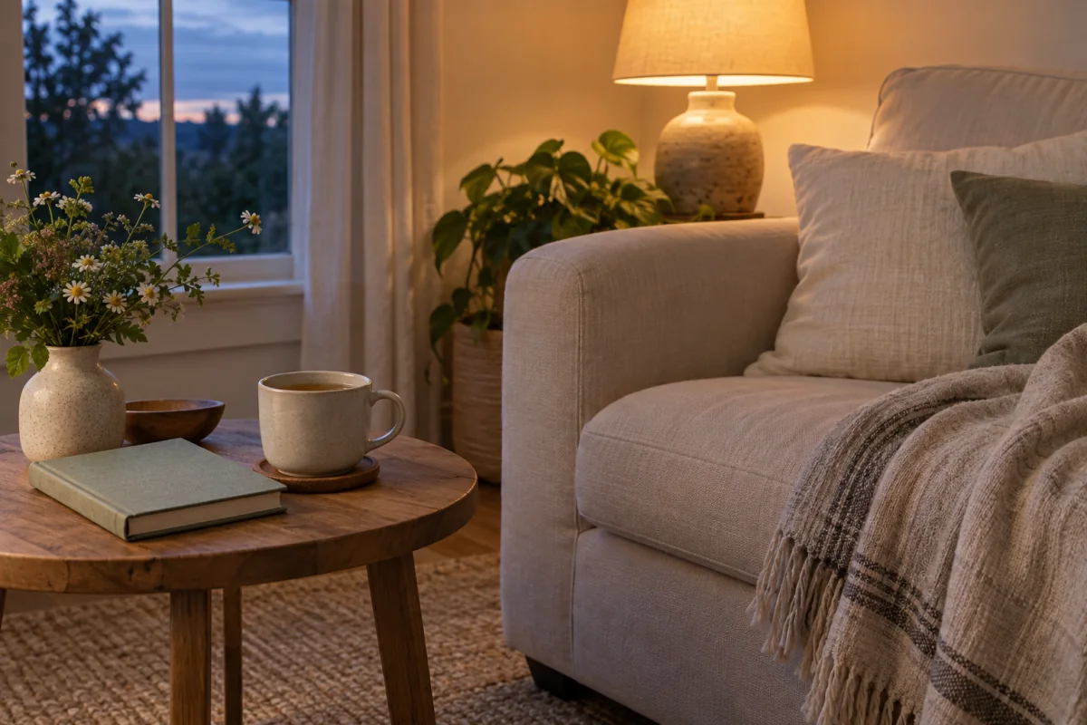 A warm mug of herbal tea beside a plain closed journal in a softly lit sitting room.