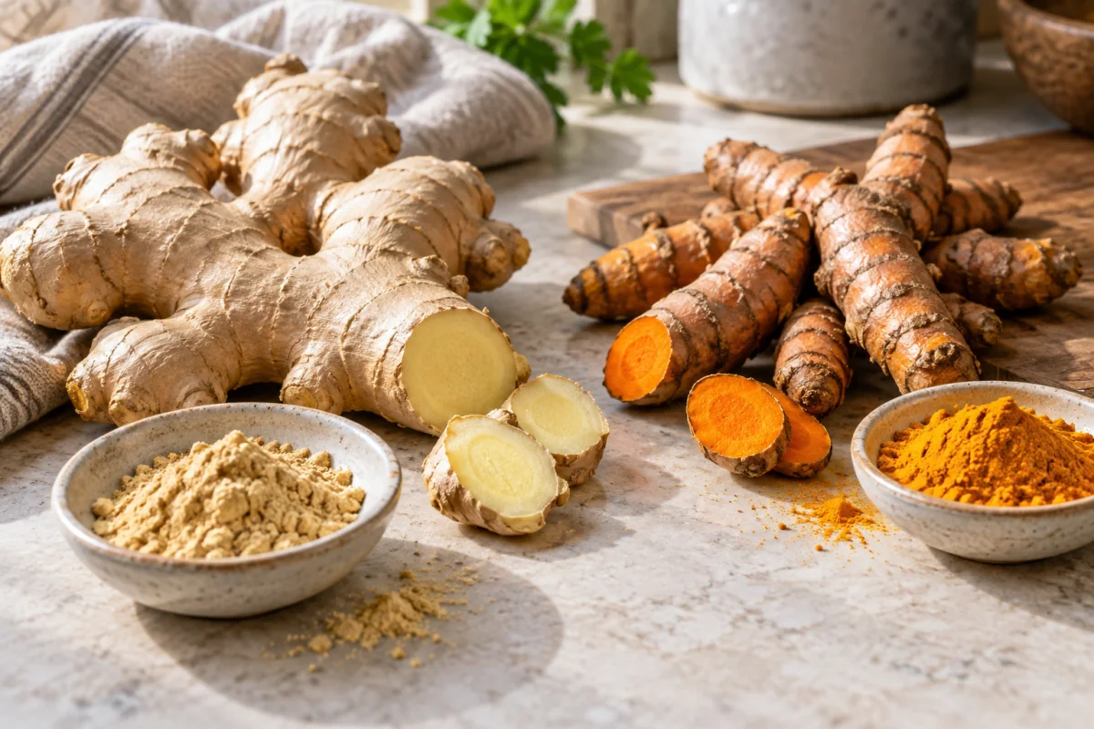 Fresh ginger and turmeric roots with small bowls of ground spices on a kitchen counter