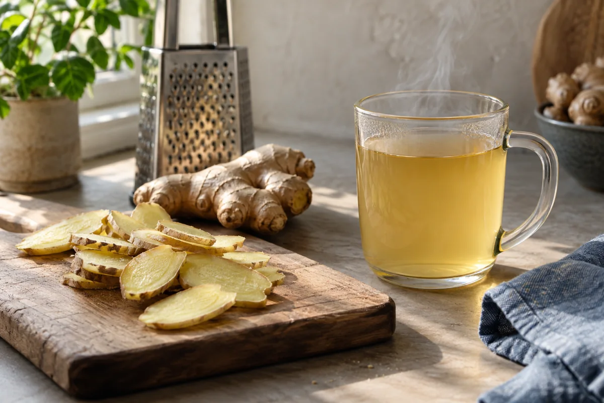 Sliced fresh ginger beside a clear cup of ginger tea and a small kitchen grater