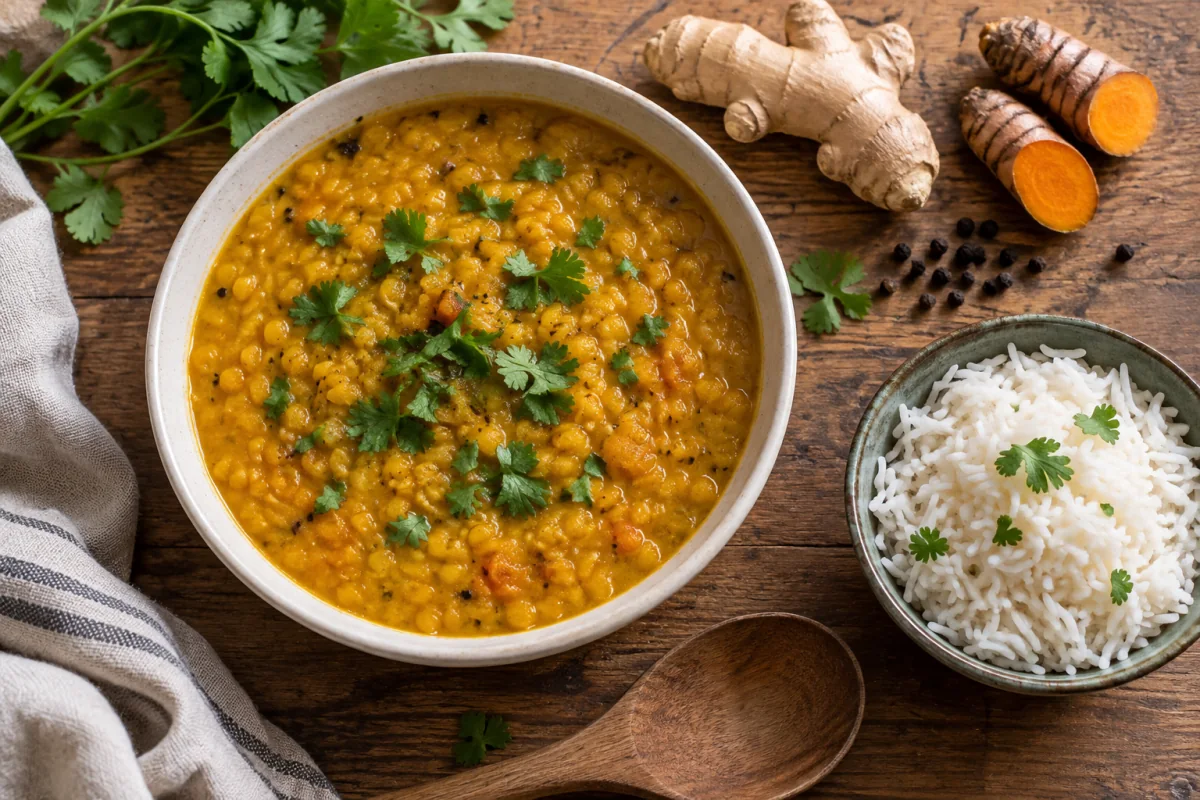 Golden lentil dal with rice, ginger, turmeric and black pepper on a dining table