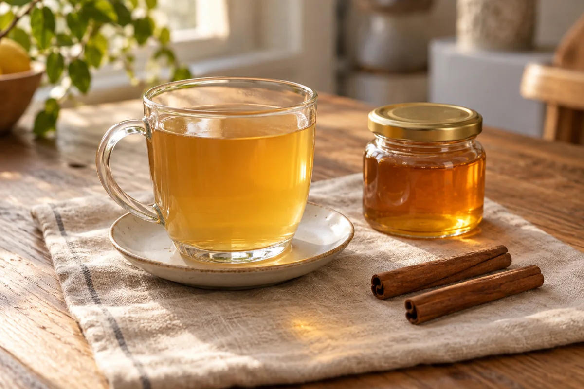 A warm honey drink beside an unlabelled honey jar and cinnamon sticks