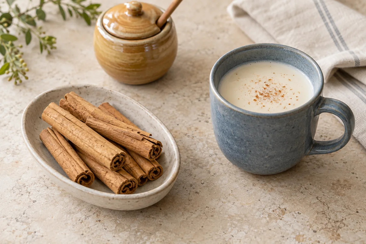 Cinnamon quills on a small ceramic dish beside a mug of lightly seasoned warm milk