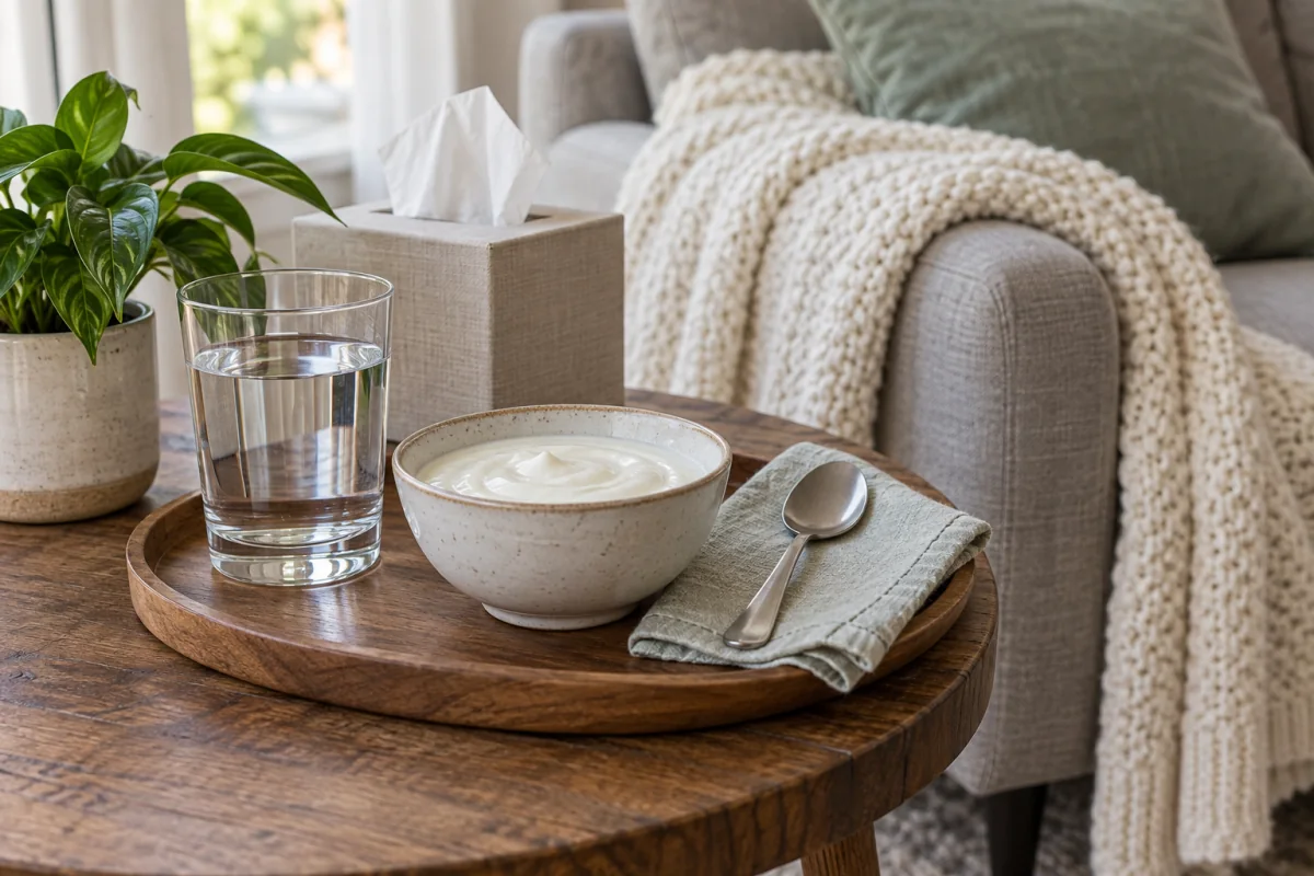 Water and plain yogurt on a tray beside a soft blanket in a quiet resting area