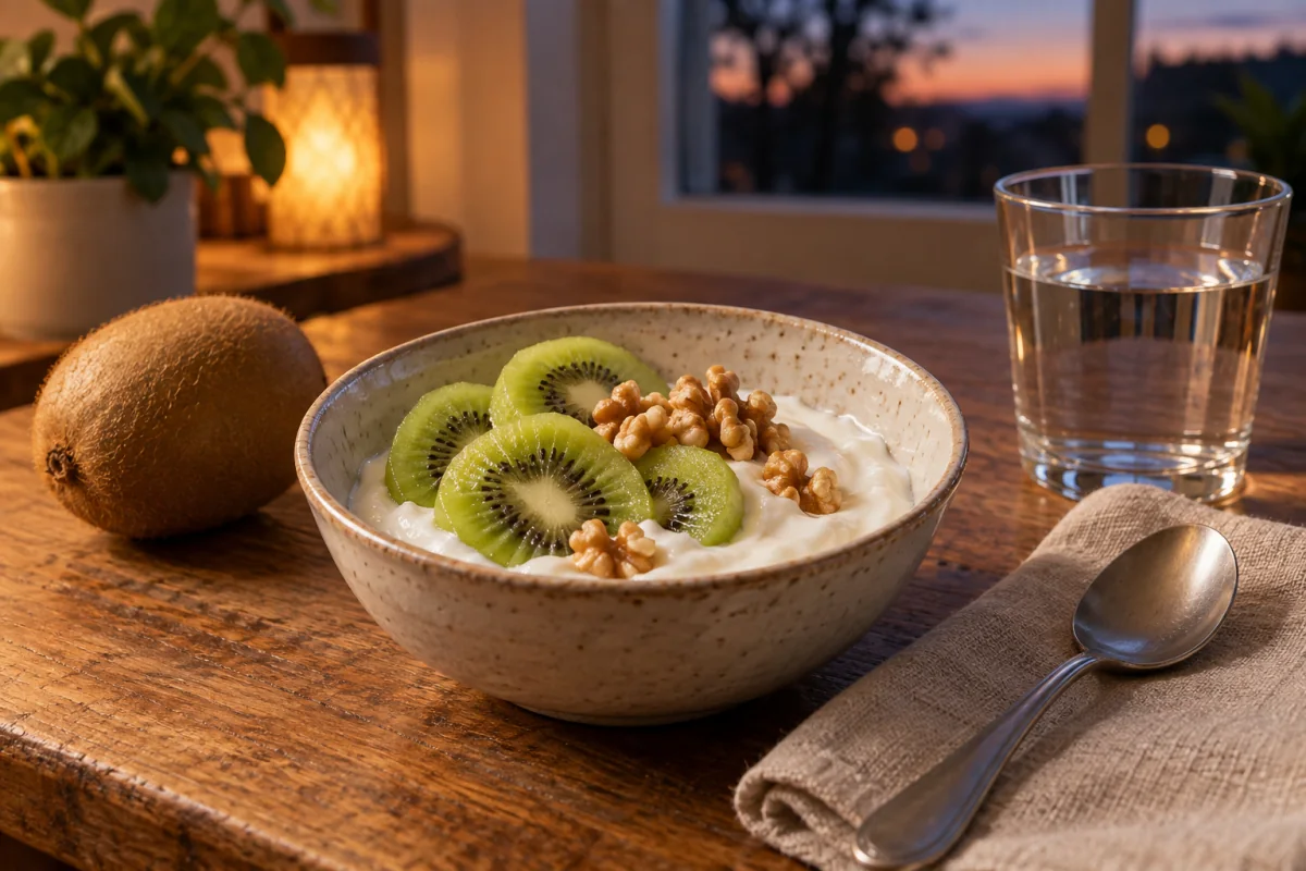 Plain yogurt topped with kiwi and walnuts on a quiet evening kitchen table