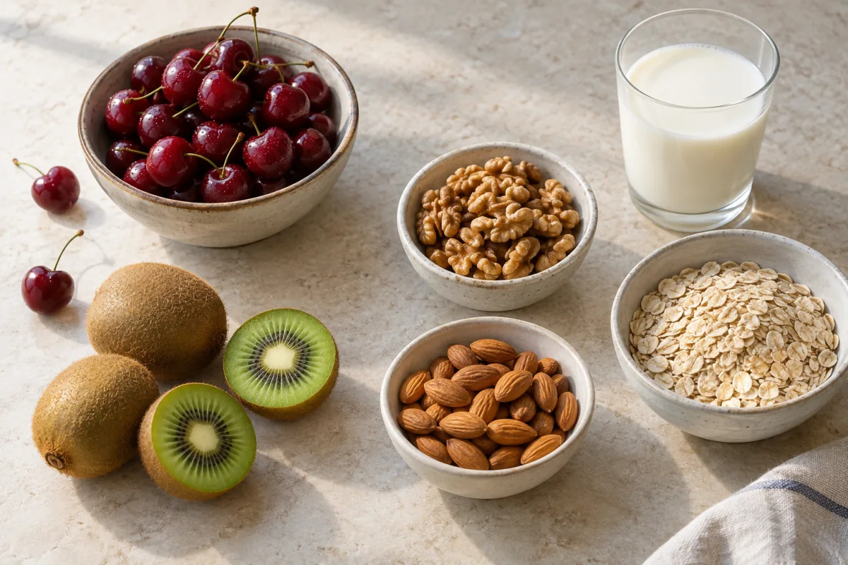 Kiwifruit, cherries, walnuts, almonds, oats and milk arranged on a kitchen counter