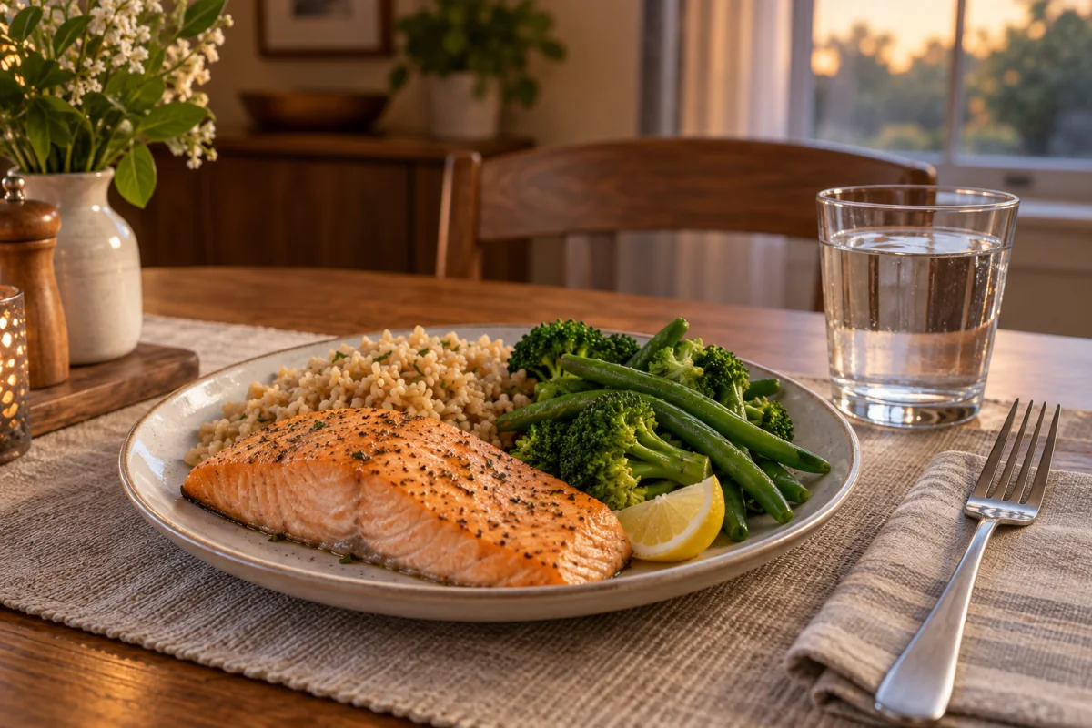 A balanced dinner of baked salmon, brown rice and greens at an early evening table