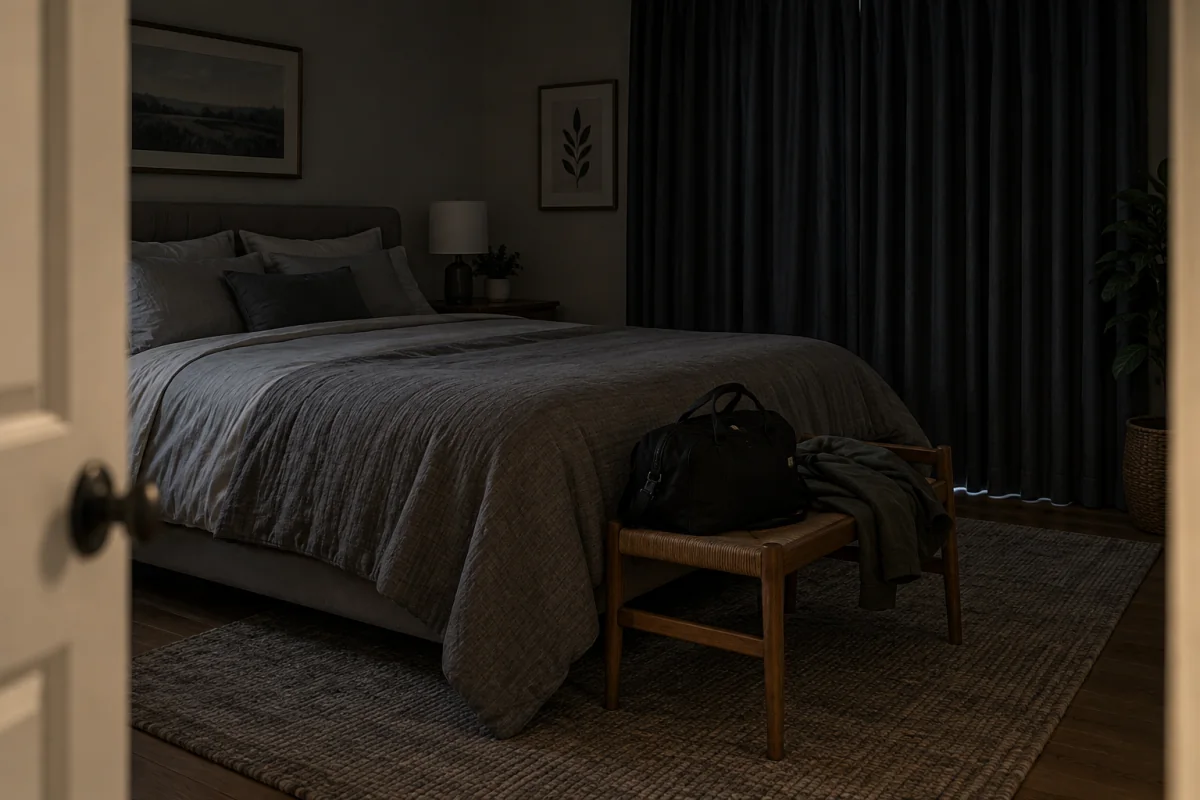 A darkened bedroom with closed blackout curtains and a work bag ready for rest after a shift