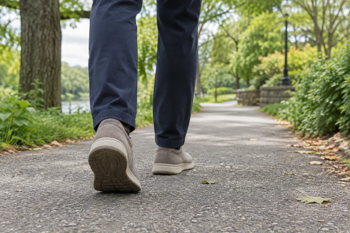 An adult's lower legs walking along a leafy path in afternoon daylight