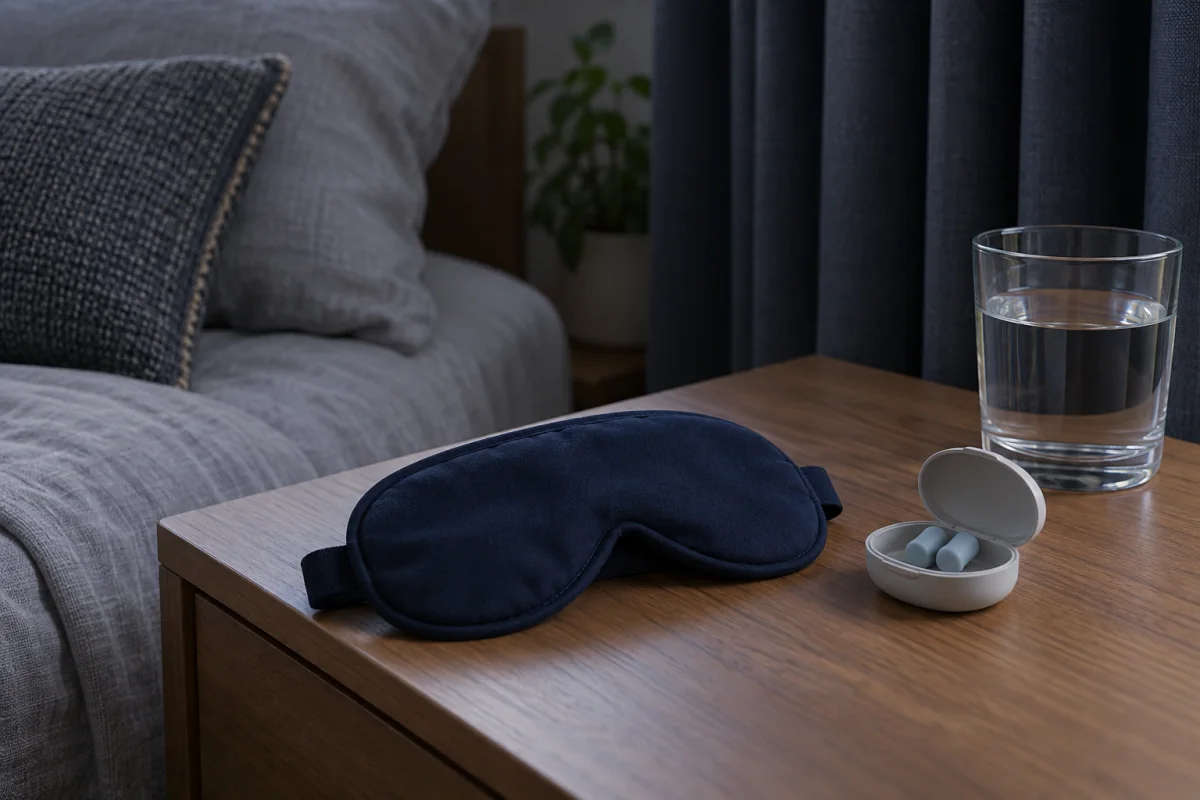 A plain sleep mask and earplugs on a bedside table beside closed blackout curtains